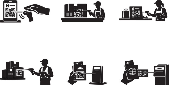 Set of icons showing barcode scanning and retail processes silhouette with point of sale qr code mobile phone