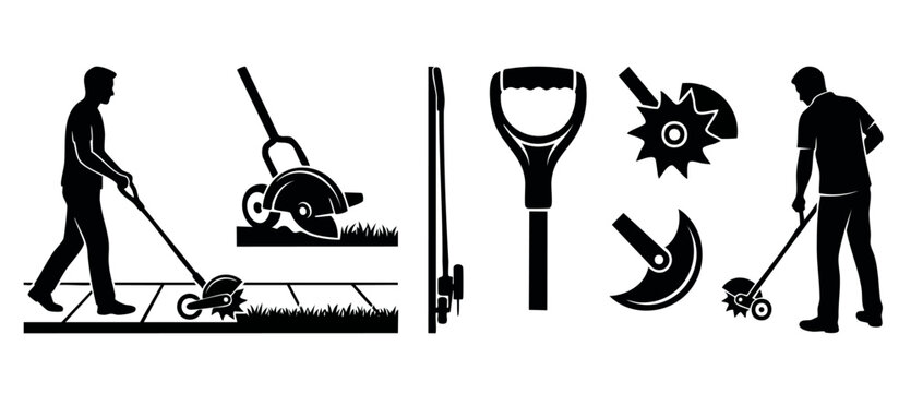 Lawn Edger Tool Silhouette Icon Set for Garden Maintenance and Landscaping Projects, Professional Grass Trimming Equipment and Worker Posing with Manual Edging Machine for Sidewalk Edge Grooming Tasks
