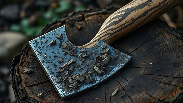 heft. Axe embedded in wooden stump with mud and bark fragments. safety posters, maintenance manuals, designed for precision metalworking and fabrication facilities.