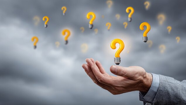 Hand offering glowing question mark lightbulb amidst stormy sky and others