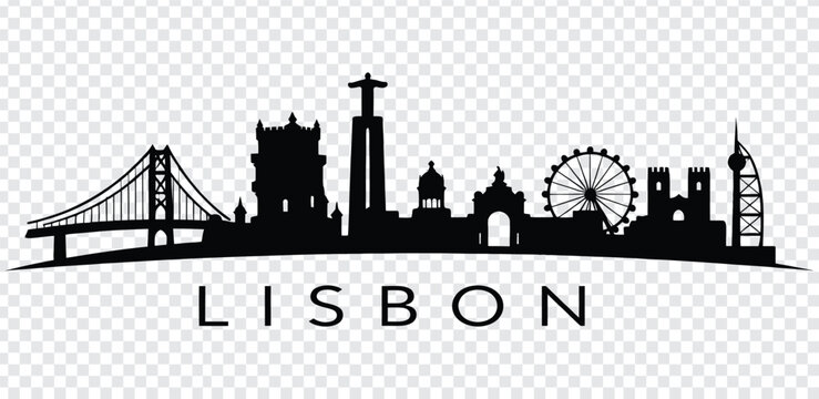 Black silhouette of lisbon city skyline with famous landmarks and ferris wheel