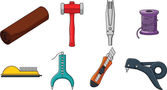 Crafting and DIY Tool Icon Set Featuring Hammers, Pliers, Scissors, and Measuring Instruments for Digital Designs
