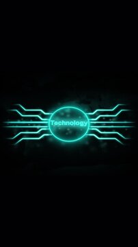 Glowing technology word on digital board with pixel map. Technology word neon. Glowing technology word animation for international digital and communication networks.