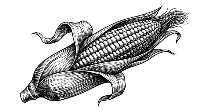 Detailed black and white vector illustration of fresh corn