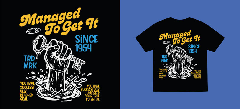 Managed to get it typography with distorted hand holding the key for fashion graphics, streetwear, hoodie, t-shirt prints, and more