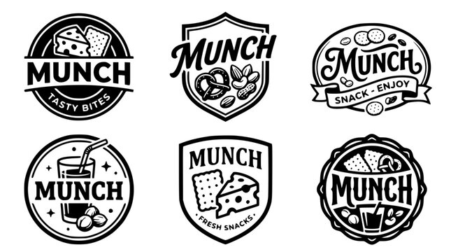 Set of six black and white snack brand vector logos