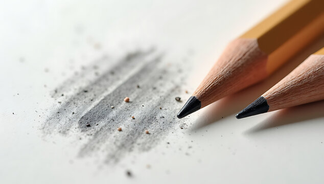 Sharpened drawing pencils creating graphite dust and artistic marks on a clean white paper.