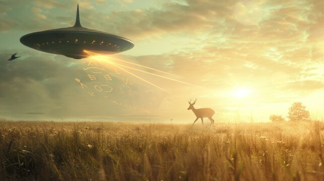 Golden hour bathes open field in warm glow. UFO hovers, emitting beams toward grazing deer. Silhouetted creature stands alert, unaware of sky's anomaly. Distant bird soars above, adding to tranquil