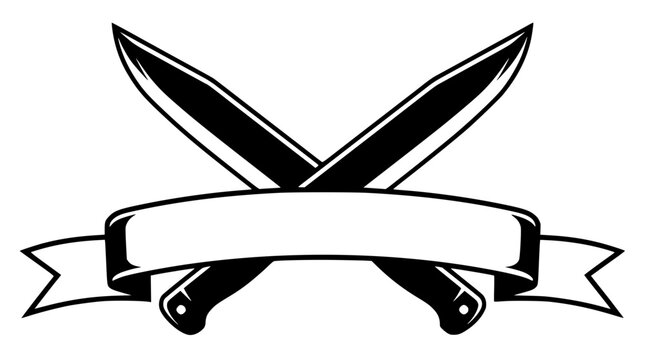 Crossed machete blades with a blank vintage ribbon graphic design