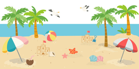 Summer beach background with palm tree sandcastle parasol and seagulls on seaside vector © kim jin young