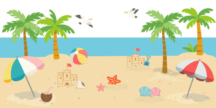 Summer beach background with palm tree sandcastle parasol and seagulls on seaside vector