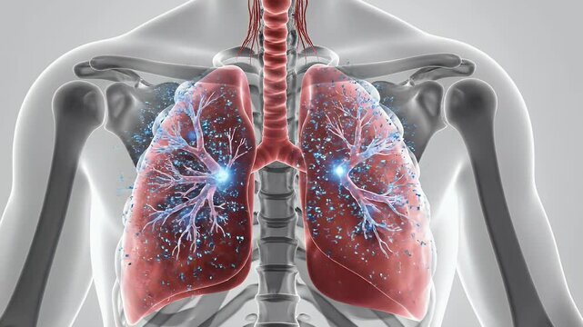A detailed 3D rendering depicts the human lungs with highlighted areas showcasing potential damage or disease, set against a translucent skeletal structure.