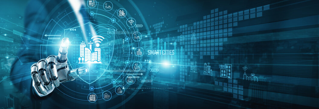 Aura robot hand touch digital shield SMART CITIES infrastructure. Intelligent sensors monitor traffic and energy use for sustainable urban living and improved public safety protocols.