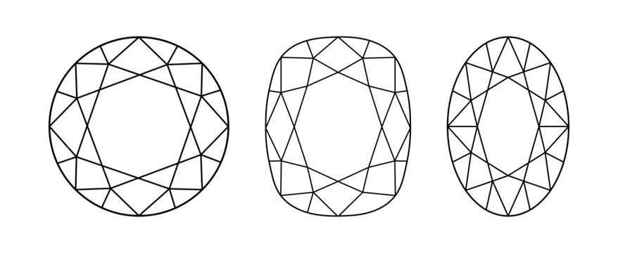 Circle, Cushion, Oval diamond cut shape set. Gemstone outline pattern for jewellery design, branding, packaging, logotype. Circle, Cushion, Oval brilliant cut icon. Diamond top view. Design diagram.