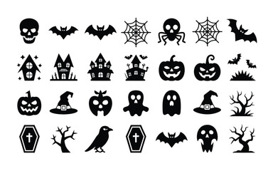 Obraz premium Striking halloween themed silhouette icons collection featuring eerie bats haunted houses carved pumpkins ghostly figures and spooky symbols against a stark black and white
