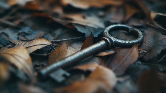 Vintage Key on Autumn Leaves - Close Up