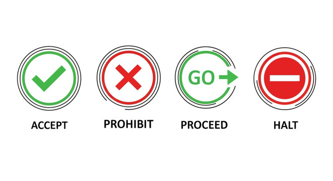 Vector icon set illustrating universal symbols for various actions and decisions, including acceptance, prohibition, progression, and halting, perfect for UI design and status indicators