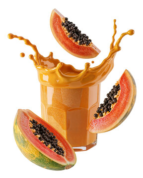 Papaya juice splash with floating papaya on transparent background