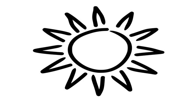 hand drawn black and white sun doodle sketch isolated on white background