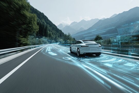 Autonomous vehicle navigating a scenic mountain road with digital overlays
