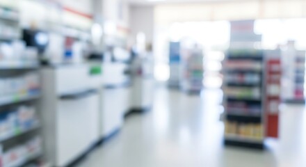 Obraz premium Blurred background of a modern pharmacy or supermarket aisle with shelves full of products.