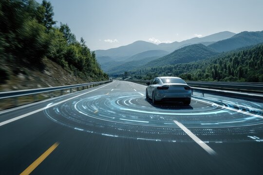 A car drives on an open highway, surrounded by futuristic digital data streams