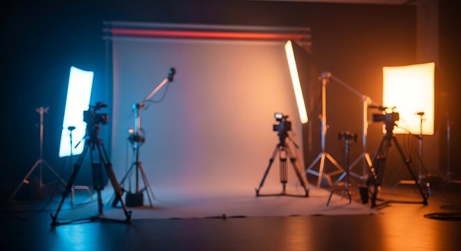 A dimly lit studio setup with multiple cameras and lighting equipment arranged for a professional shoot.