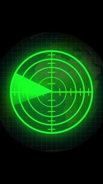 High tech radar display with sweep on luminous earth map. Green radar screen circles. Futuristic radar tracking animation for international monitoring and global reach.