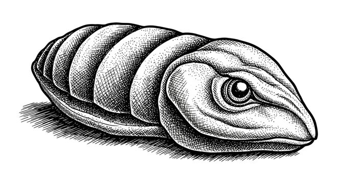 Vintage Engraving of a Primitive Segmented Marine Creature, Capturing the Intricate Details of Ancient Ocean Life with Scientific Precision