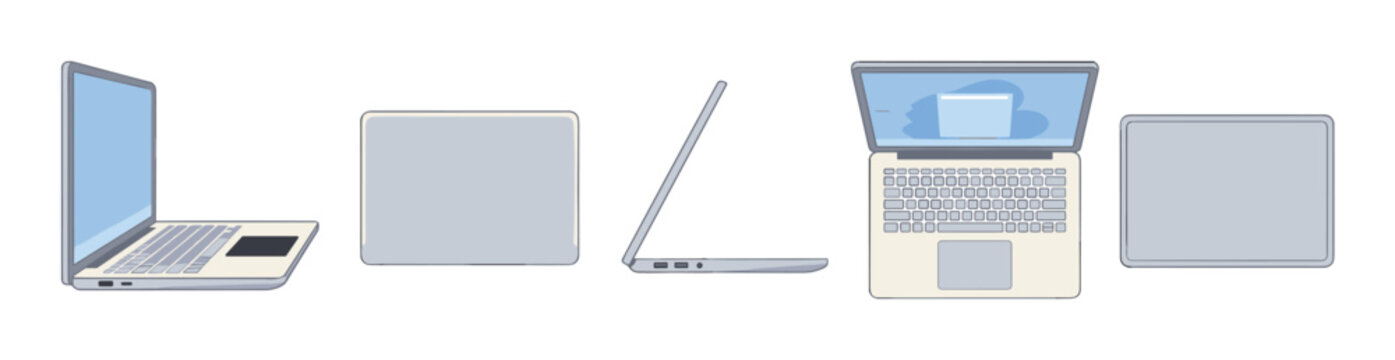 Set of five laptop computer illustrations showing the device from multiple angles including front, side, top, open, and closed views in a clean and simple line art style