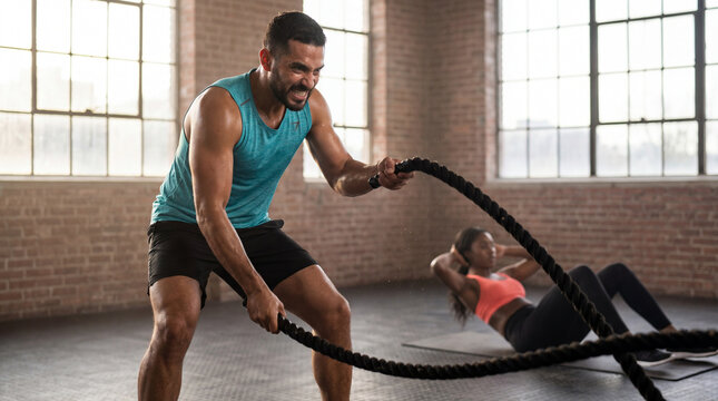 Man exercises with battle ropes while woman does sit-ups in gym during daytime
