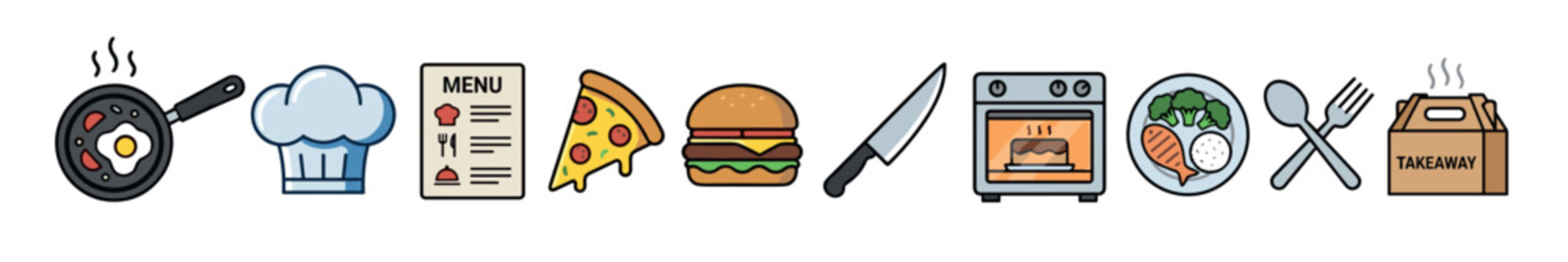 Colorful set of food and cooking icons showing a frying pan, chef hat, menu, pizza, burger, knife, oven, meal, cutlery, and a takeaway box in a flat cartoon style