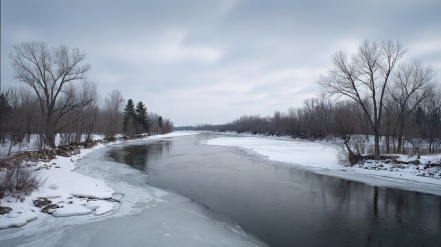 A vast winter riverbend with partially frozen banks and a cloudy sky overhead