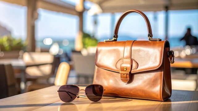 Chic brown leather handbag and sunglasses resting on a wooden table outdoor cafe setting