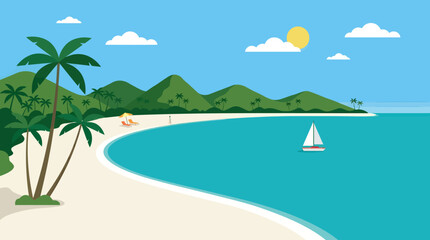 Fototapeta premium A serene tropical beach scene with palm trees, sailboat, and mountains under sunny skies.
