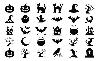 Obraz premium Eerie halloween themed silhouettes collection showcasing iconic symbols like jack o' lanterns black cats witches bats haunted houses and mystical cauldrons in stark black