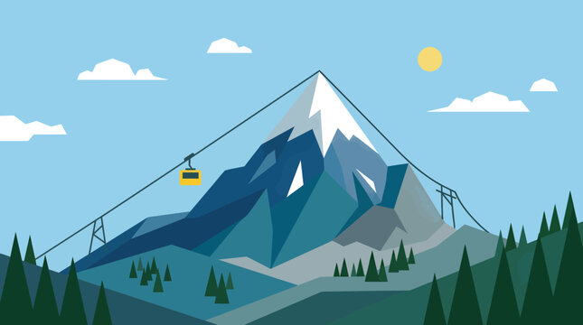 Aerial view of a mountain peak with a ski lift and trees under a sunny sky with clouds.
