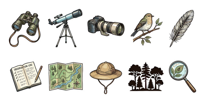 Colorful hand-drawn set of birdwatching and nature exploration icons including binoculars, a telescope, camera, bird, map, and magnifying glass in a vintage sketch style