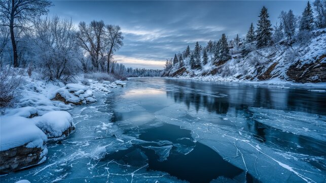 Frozen Riverbend with Smooth Polished Ice Reflecting Winter Sky and Snowy Forested Banks