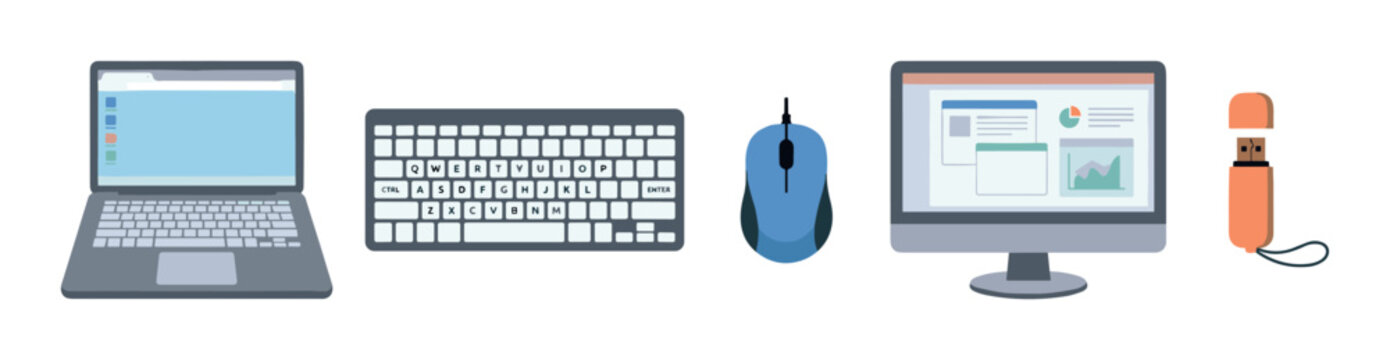Computer hardware and office equipment set featuring a laptop, desktop monitor, keyboard, mouse, and flash drive illustrated in a simple and modern flat design style