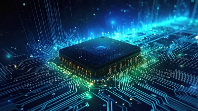 Close-up of a futuristic microchip on a glowing blue and green circuit board abstract technology concept