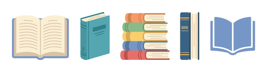 Collection of colorful book illustrations featuring open pages, a closed hardcover, a tall stack, a single spine, and a simple symbol, all rendered in a clean flat design style