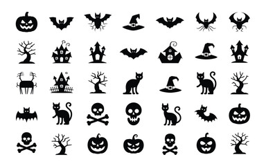 Obraz premium Eerie black silhouette icons of halloween symbols including bats jack o' lanterns and cats against a stark white background for spooky seasonal designs