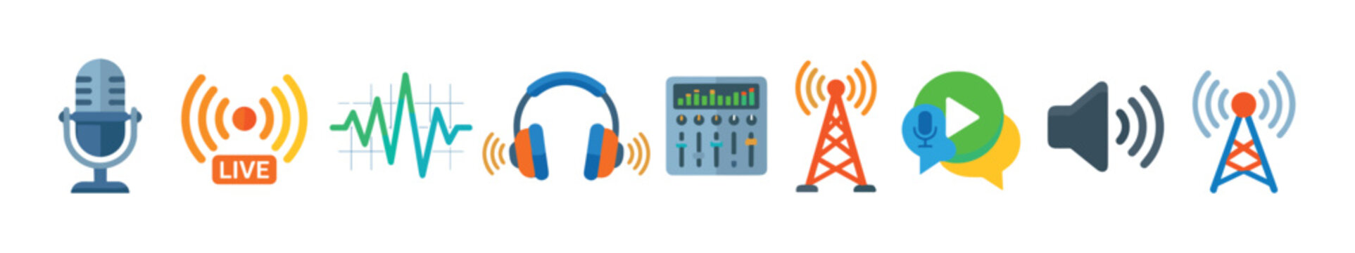 Collection of colorful flat vector icons for podcasting, radio broadcasting, and audio production, including a microphone, headphones, sound wave, mixer, and transmission tower symbols