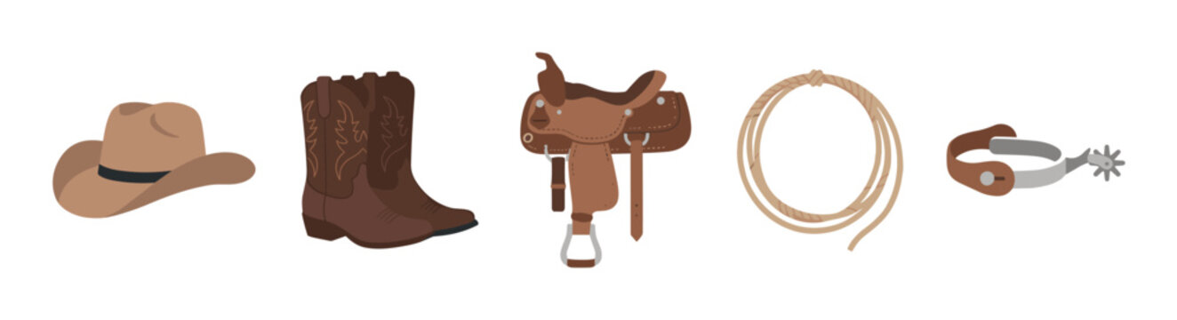 Collection of western cowboy equipment including a brown hat, embroidered leather boot, horse saddle, lasso rope, and metal spur presented as a flat design vector-style illustration set