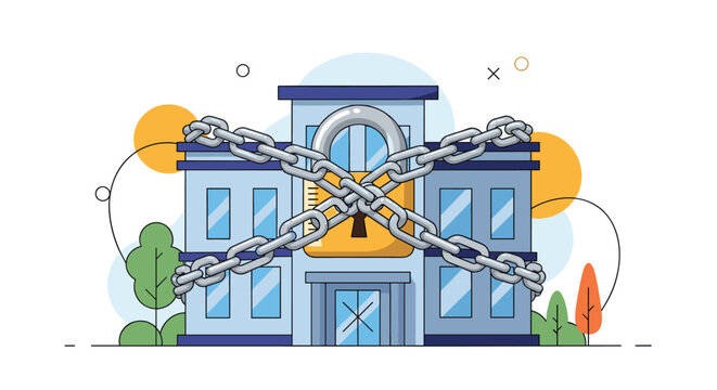 Public building like a school or bank is completely wrapped in heavy metal chains and secured with a large padlock.