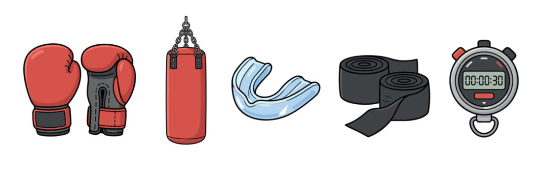 Set of cartoon boxing equipment including red gloves, a punching bag, a mouthguard, hand wraps, and a digital stopwatch for combat sports training and fitness