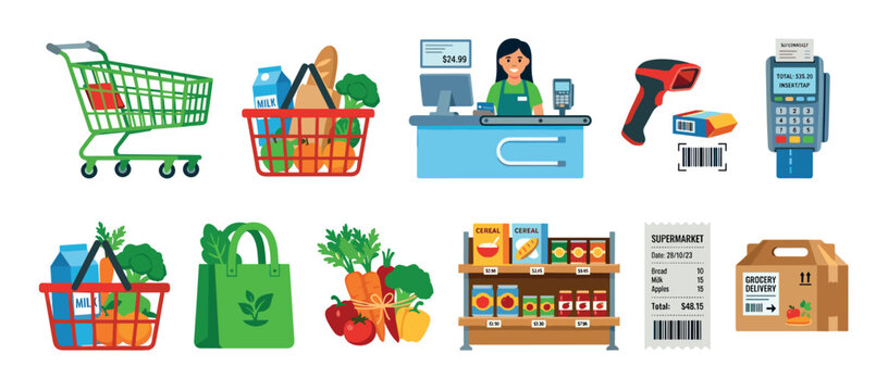 Set of colorful flat design icons for grocery shopping, featuring a supermarket cashier, shopping cart, basket with food, payment terminal, receipt, and delivery service elements