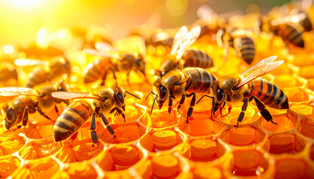 Close-up of bees working on a honeycomb, showcasing the intricate structure of the hive and the busy life of these vital pollinators in the warm sunlight