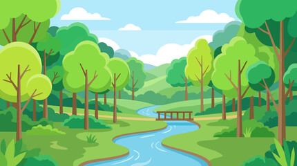 Naklejka premium A serene landscape of a winding river flowing through a forest with trees and a bridge in a natural scenery